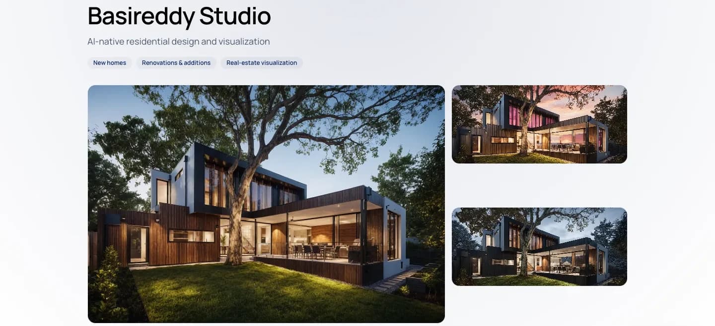 A published Find an Architect profile on archifyai.com with the studio's name, headline, services and showcase renders