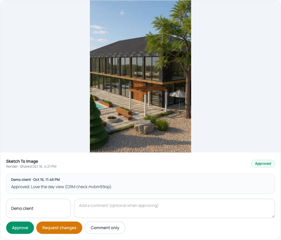 A render in a Client Room marked Approved, with the client's comment under it