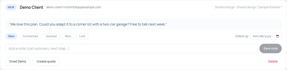 The new lead in Clients & Leads, tagged with the shared design it came from, with the visitor's message, status buttons and a Create quote button