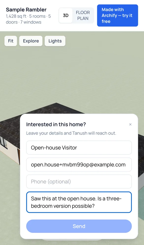 On a phone, the shared design opened from the QR code with the 'Interested in this home?' card filled in