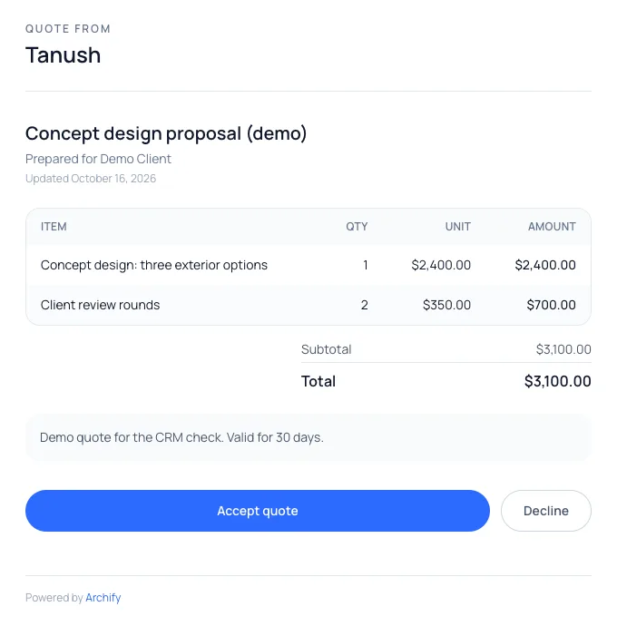 The client's quote page: Quote from the designer, line items, total, and Accept quote / Decline buttons