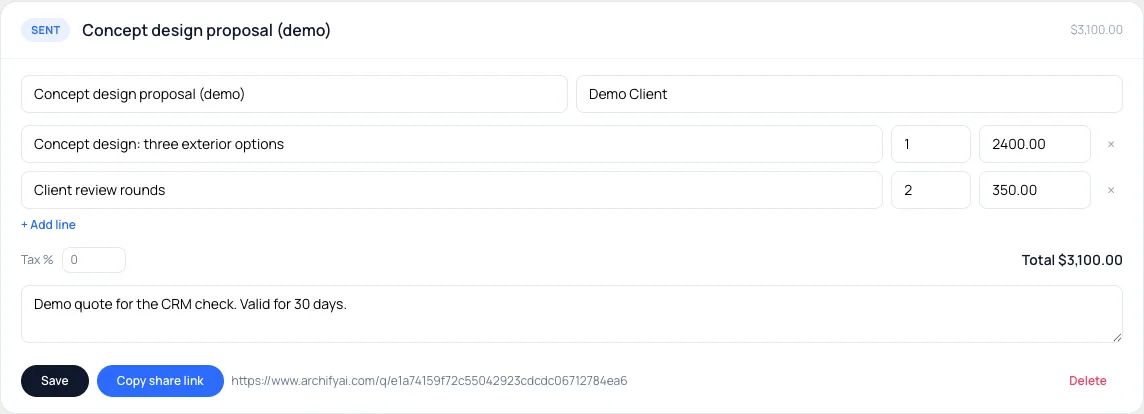 The quote editor in Clients & Leads with two line items, a total and the quote's share link