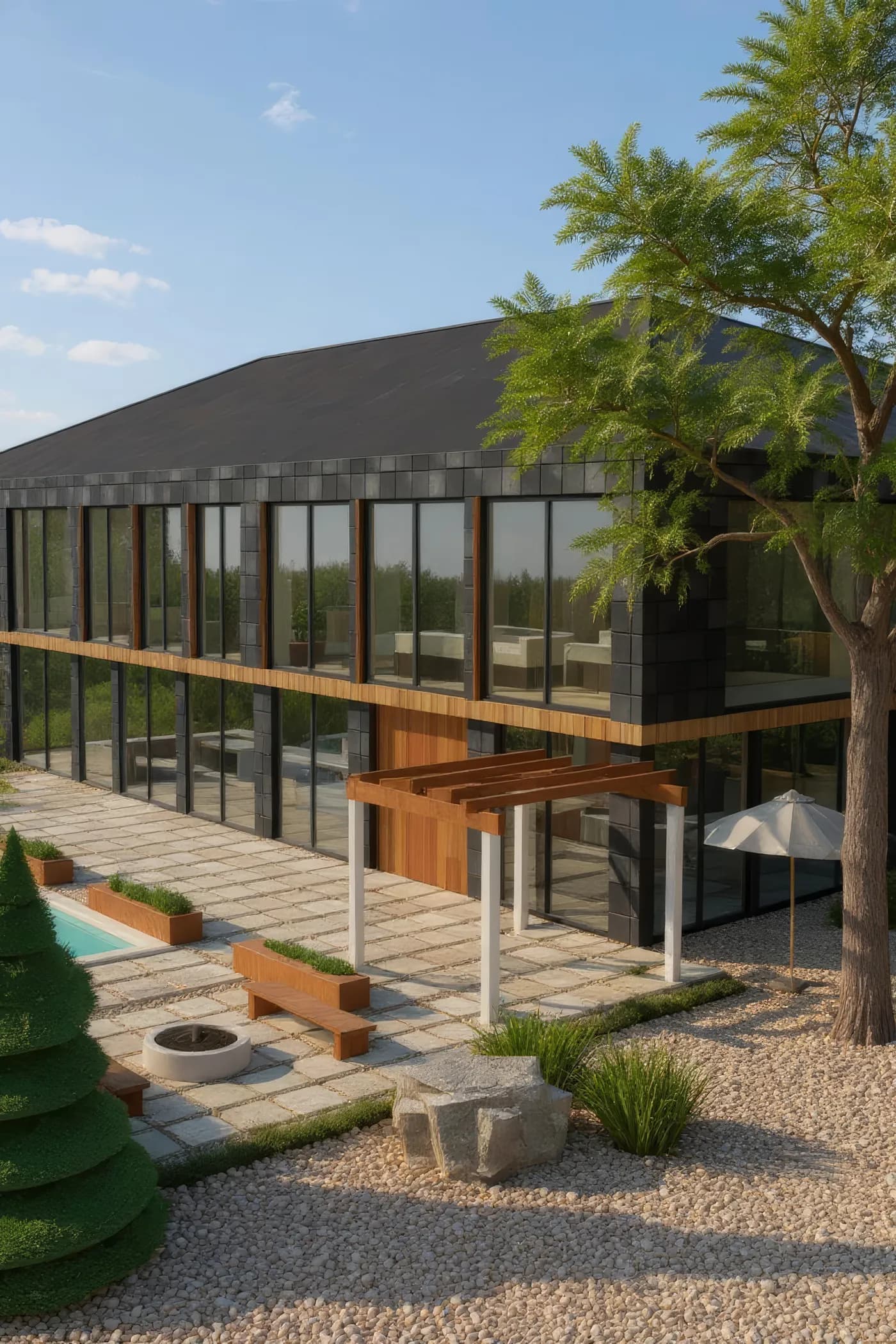 Halcyon Court's garden facade as designed — dark slate-clad walls, a cedar band and a dark roof — rendered in daylight from the saved Garden hero camera