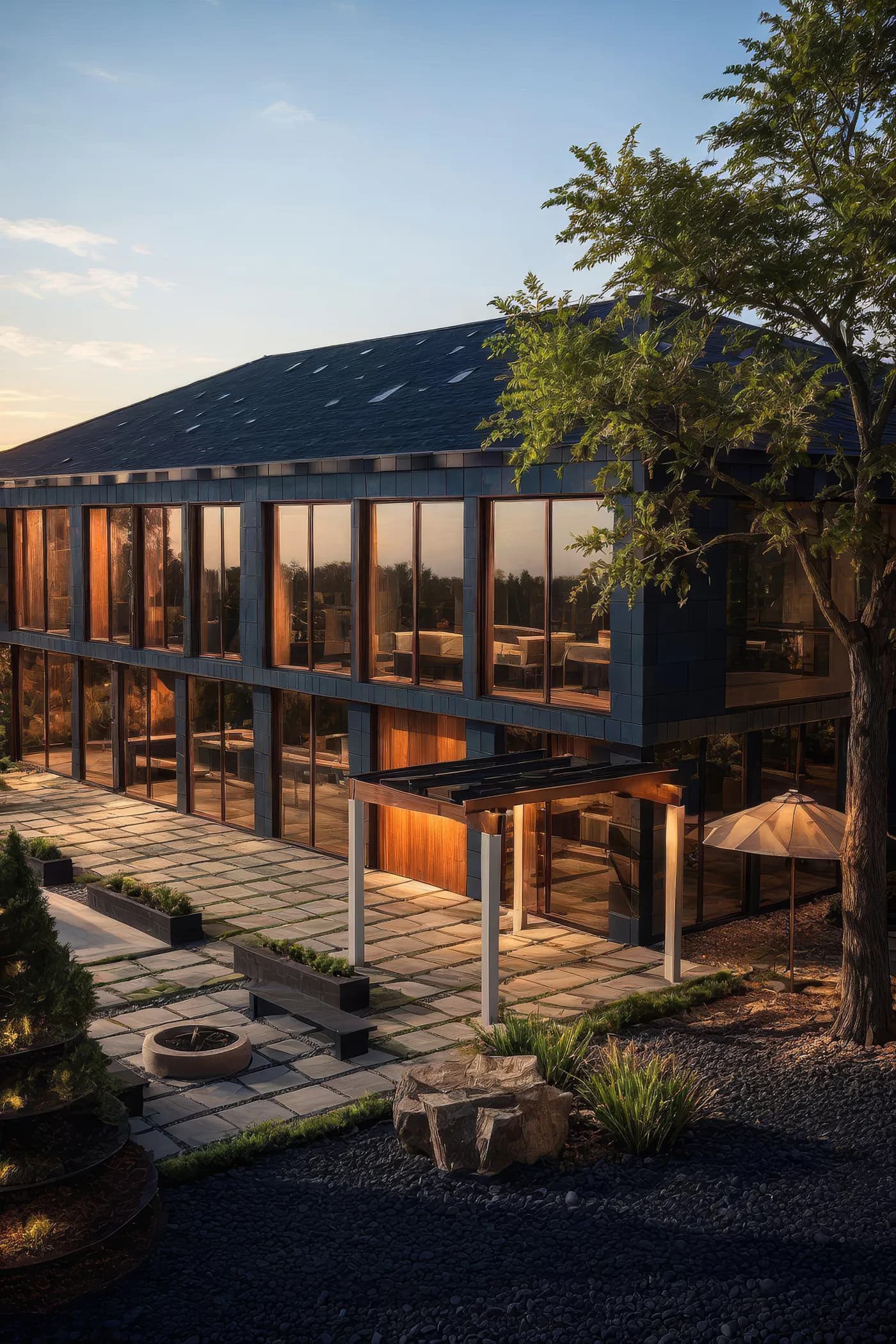The as-designed render turned to dusk by the Day to Dusk tool — warm light in the windows, a blue dusk sky over a warm horizon, same house and camera as the day render
