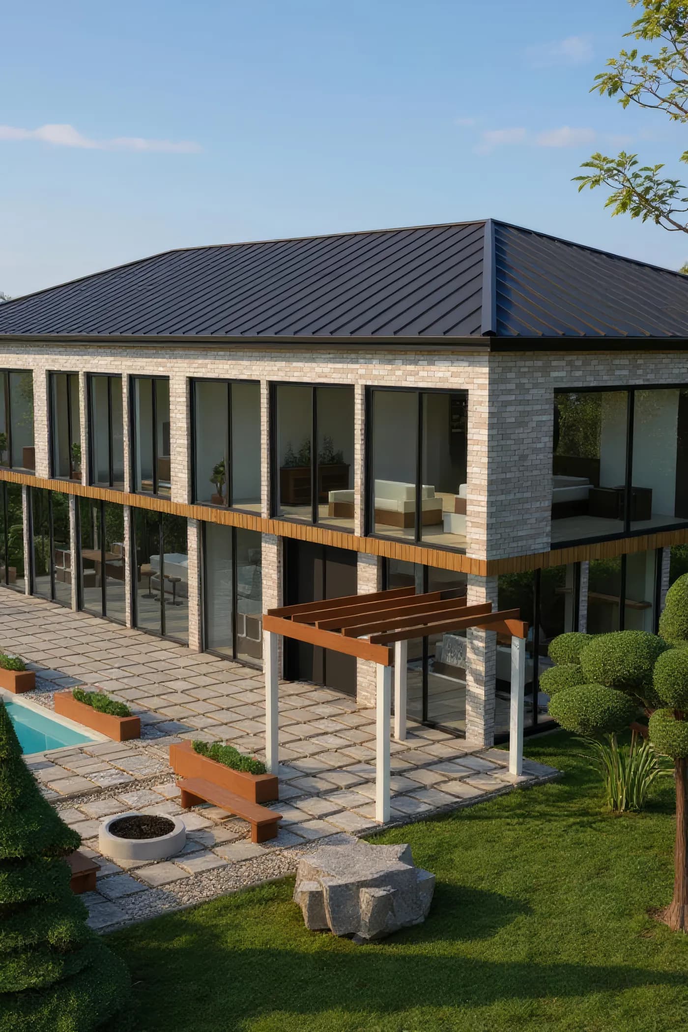 The same house from the same Garden hero camera with the Painted brick and black seam scheme — white painted brick walls and a black standing-seam roof