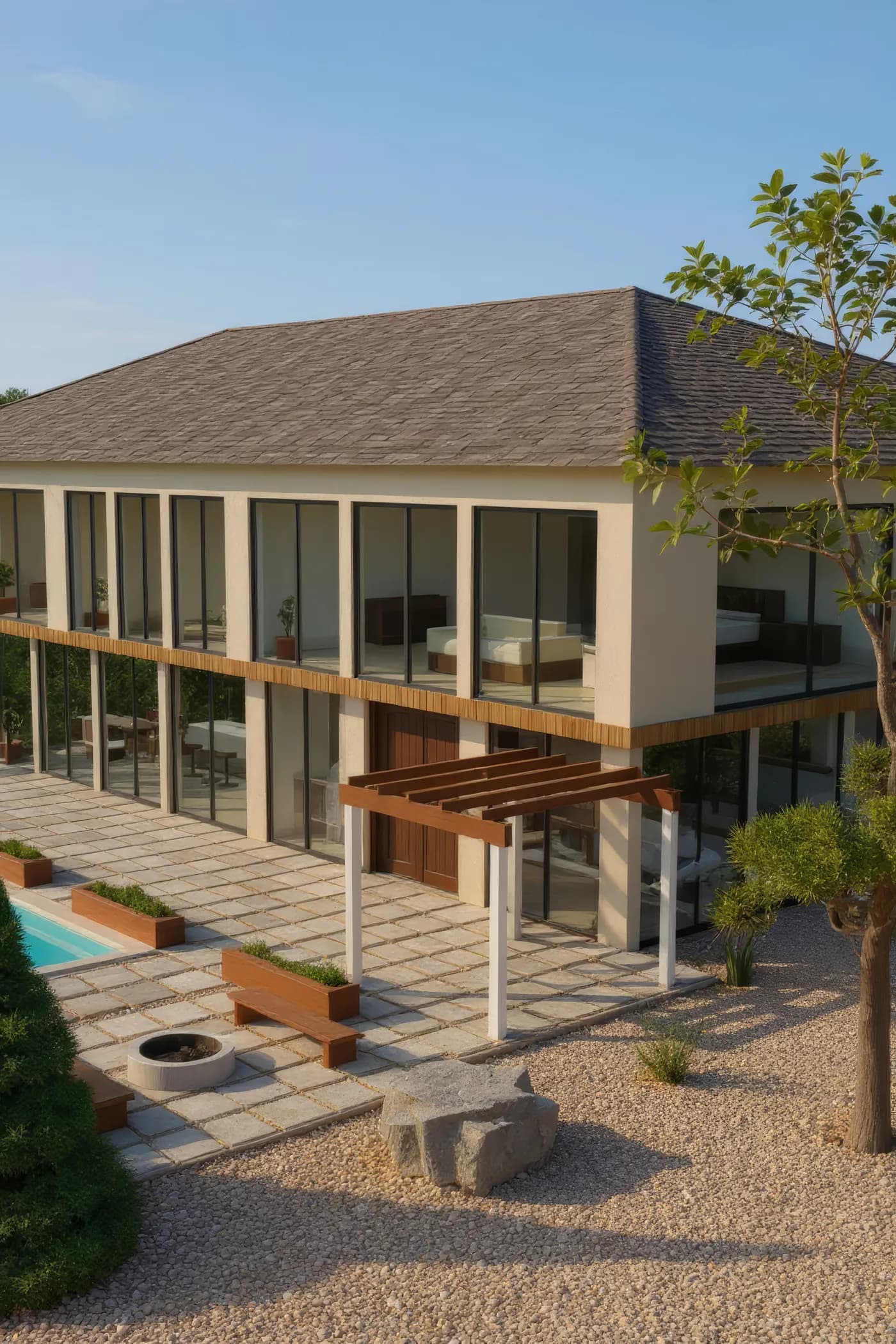 The same house from the same Garden hero camera with the Sand stucco scheme — sand-coloured stucco walls and a shingle roof