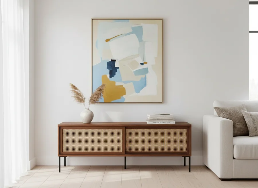 A store listing photo of a rattan sideboard styled with wall art, a vase, books and a sofa