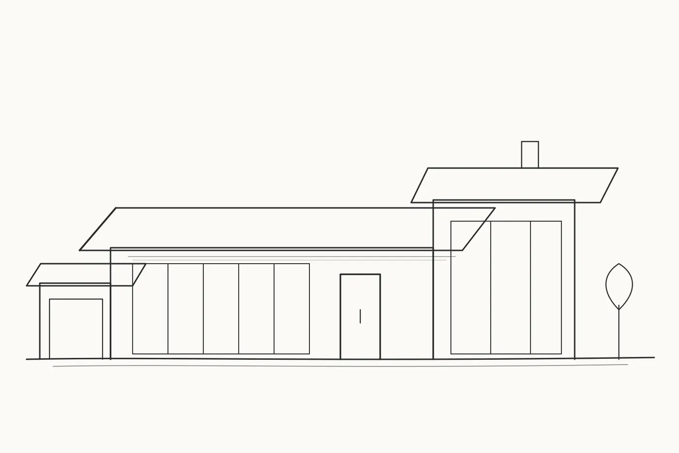 Black line drawing of a single-storey house: a small left wing with a garage door, a long middle wing with a five-panel window wall and a front door, and a taller right wing with a full-height window and a chimney