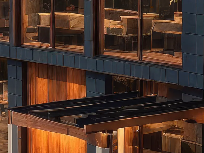 The same crop from the 4K Upscaler's 4,096-pixel output — crisp mullions, timber grain and window light
