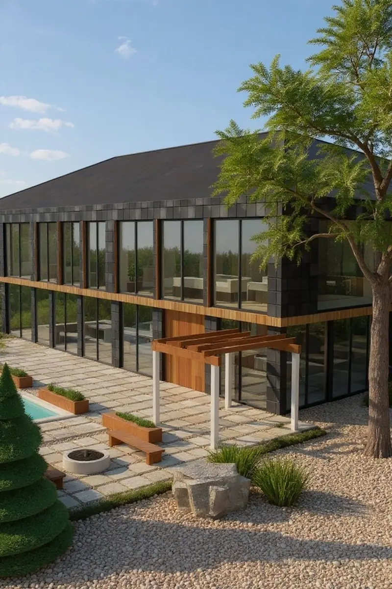 The same render with the patio umbrella and its base removed; the glazing and gravel behind it are filled in