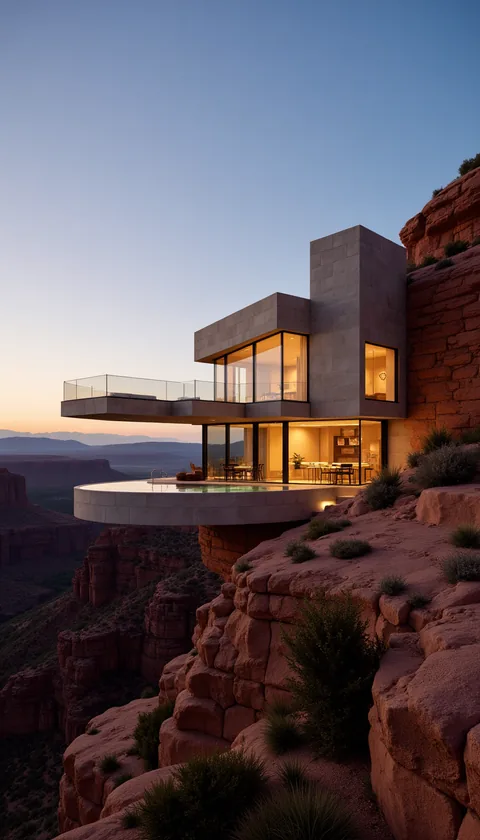 Concept render made by ARC with Imagine AI: a concrete-and-glass house cantilevered over a red-rock canyon at golden hour, an infinity pool on a round terrace, warm lights on inside