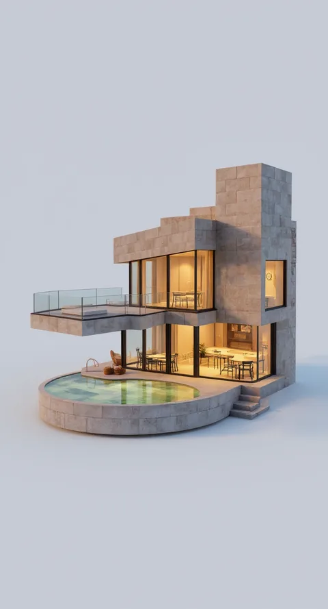 Isometric view made by ARC from the canyon concept render: the same house as a stone-clad model on a pale background, its glass floors lit and the round pool in front