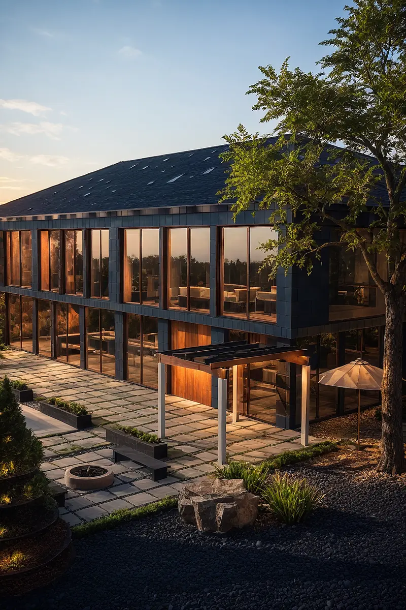 The same render at dusk: navy sky, warm light in every window, dark garden