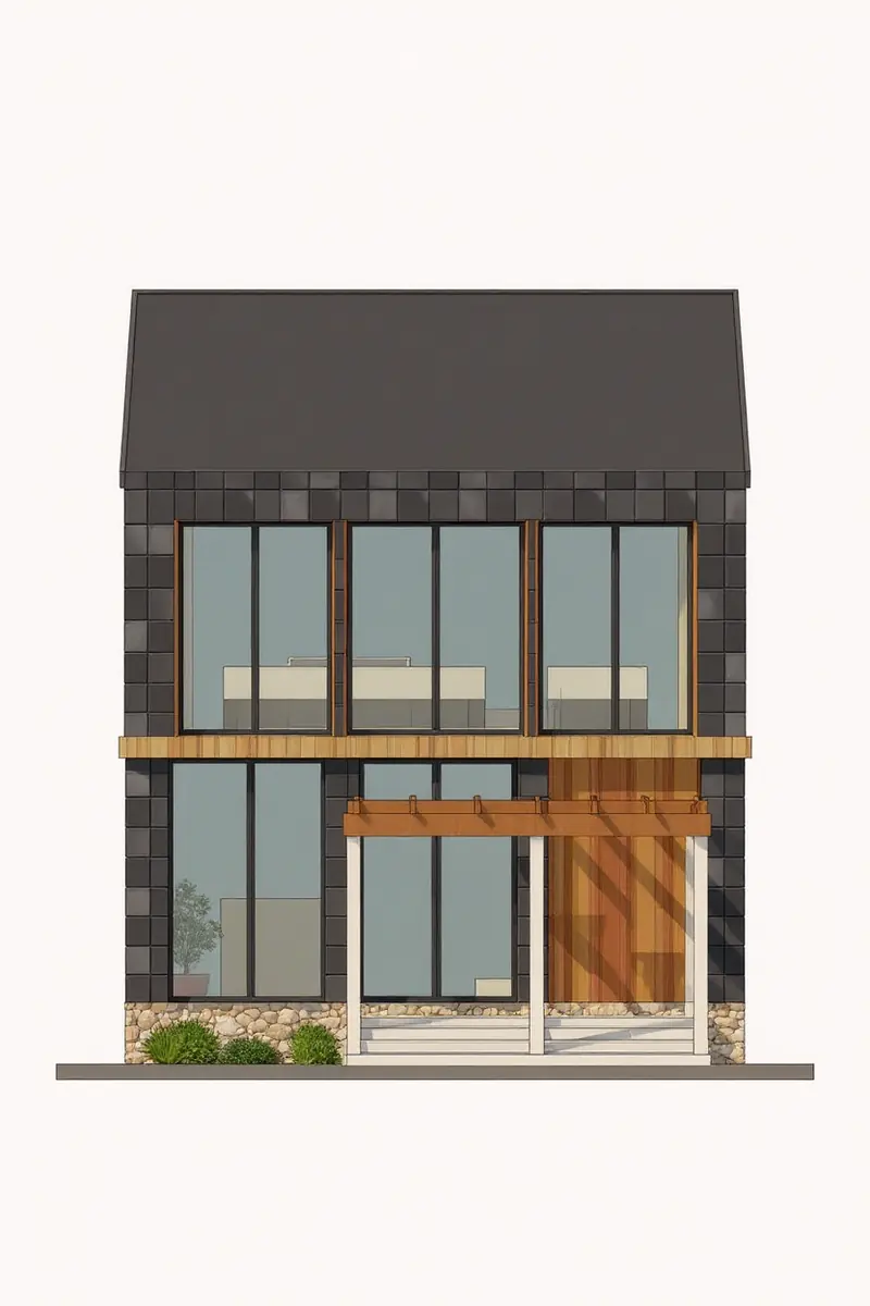 A flat front elevation drawing of a two-storey house: slate cladding, three glazed bays upstairs, a timber band and a pergola at the entrance