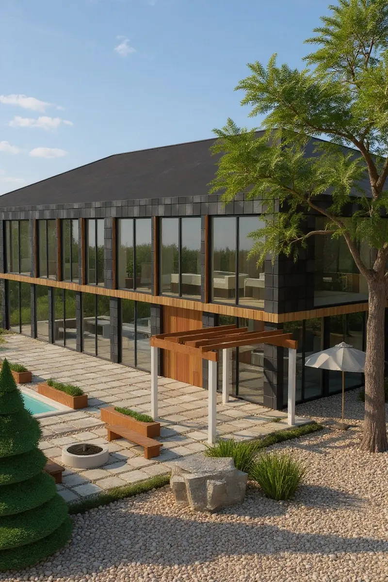 Three-quarter daytime render of a two-storey glass and slate house with a pergola