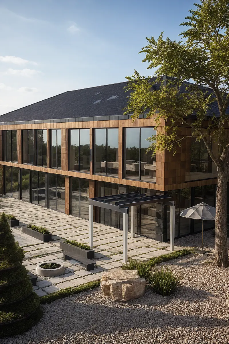 The same house restyled by Exterior AI with warmer oak cladding on the upper storey and a dark metal pergola