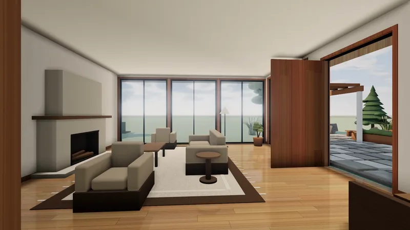 Halcyon Court's Great Room as Design Studio draws it: a fireplace wall, two sofas on a rug, floor-to-ceiling glass to the garden and the terrace door standing open