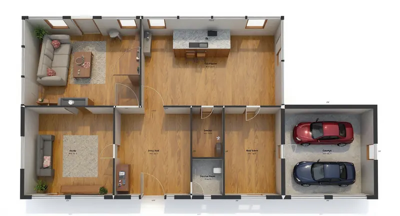 The same plan rendered top-down with oak floors, a sofa and rug in the Great Room, a kitchen island with stools, a desk in the Study and two cars in the Garage