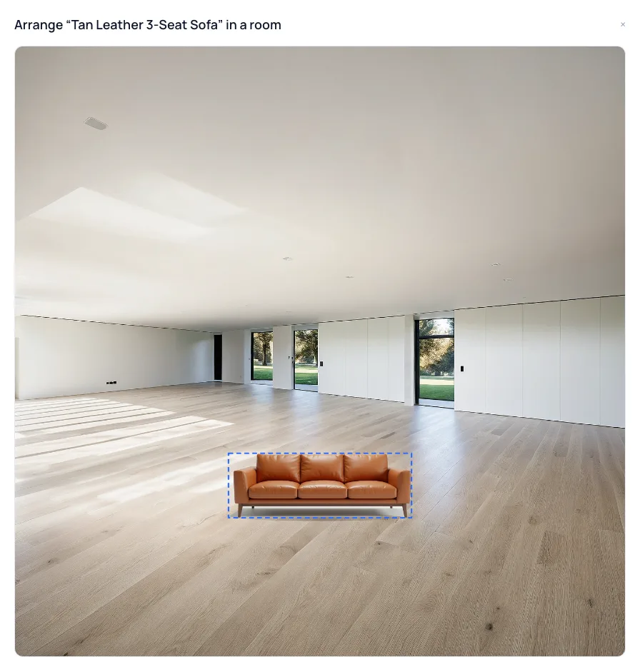 Product Studio's canvas: a tan leather sofa from the product library placed on the floor of an empty room photo