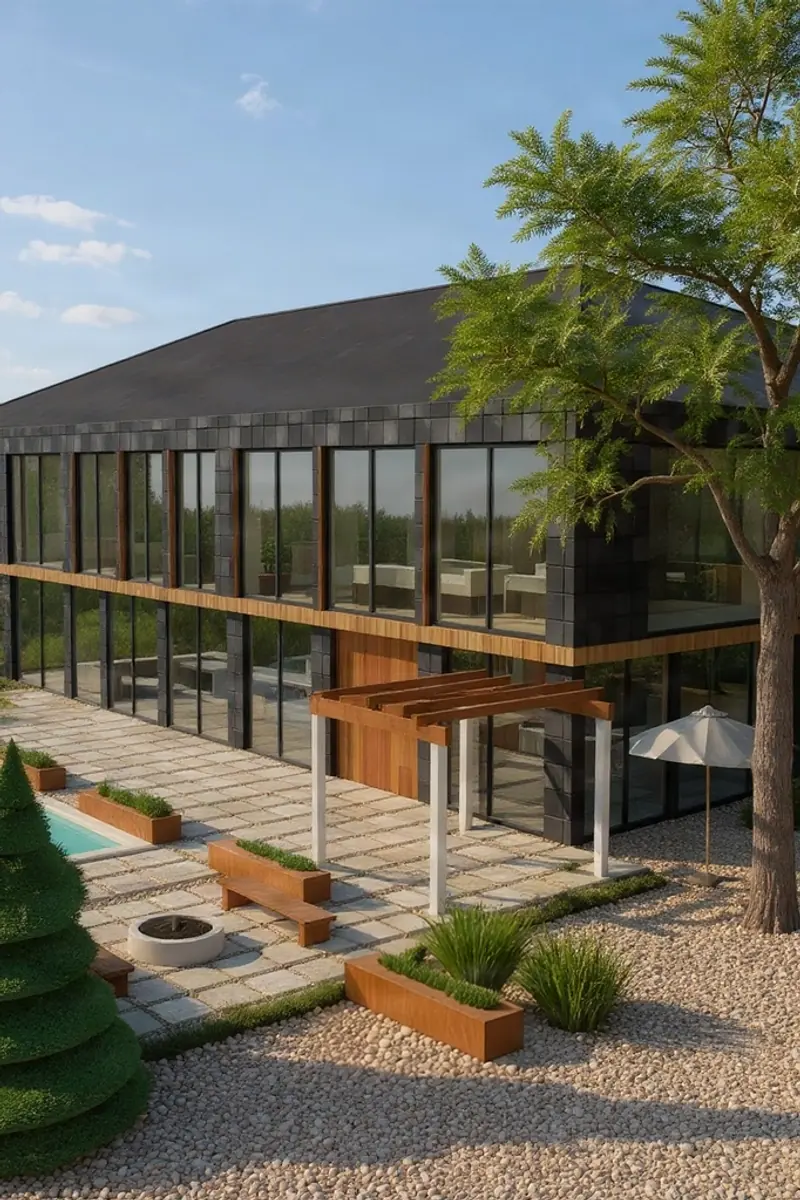 The same render with the boulder replaced by a low cedar planter box of ornamental grasses