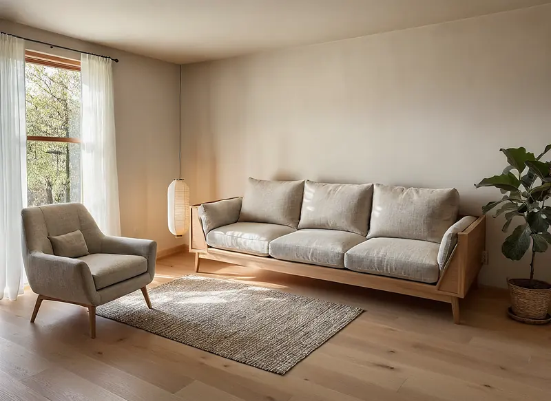 The same living room restyled in japandi style: oatmeal linen sofa on an oak frame, a linen armchair, a jute rug and a paper lantern