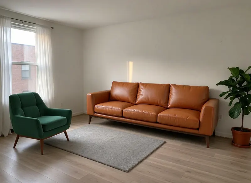 Living room with a green velvet armchair, a tan leather sofa, a grey rug and a fiddle-leaf fig by the wall