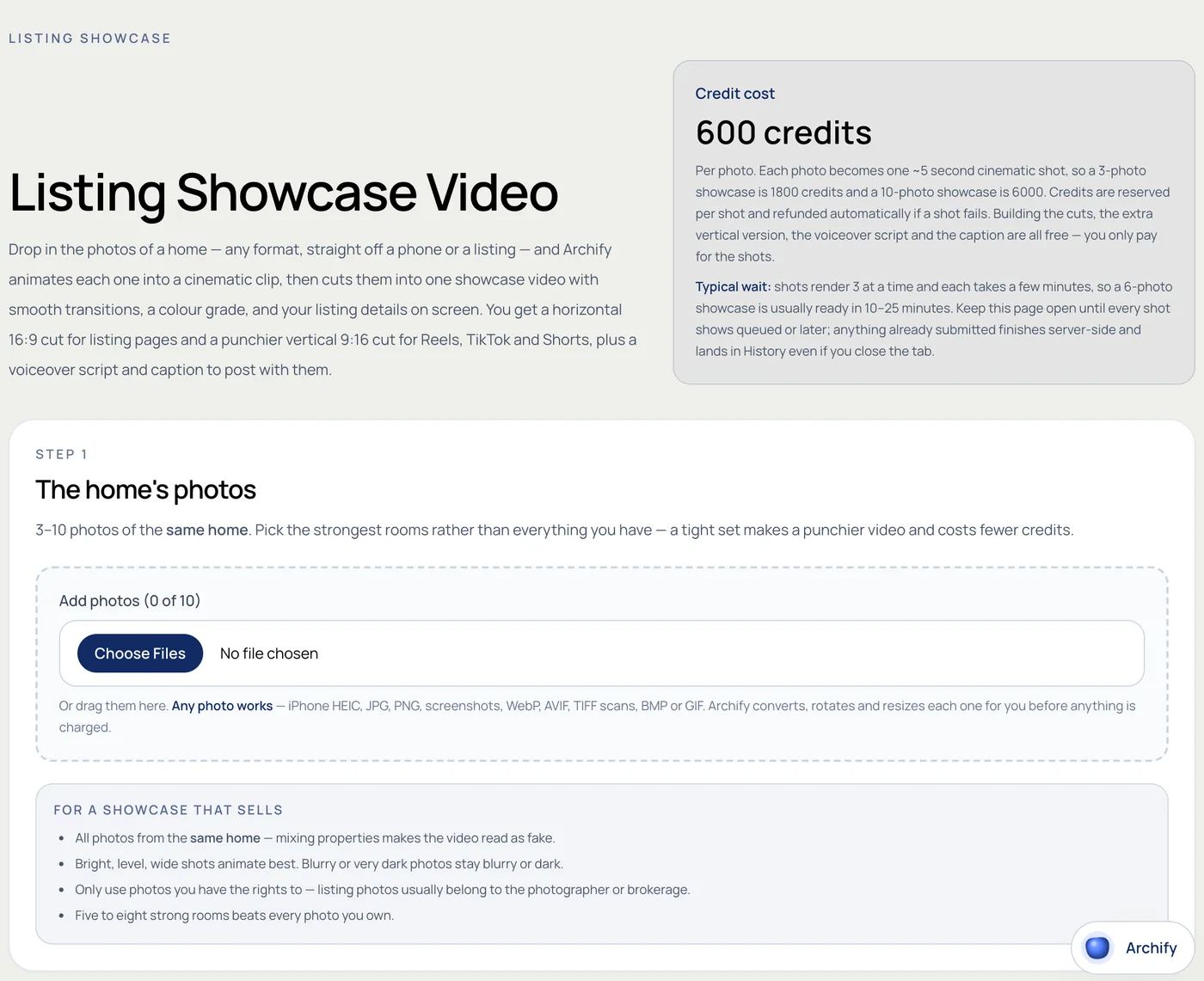 The Listing Showcase screen in the Archify app: the per-photo credit cost, and step 1 — add 3 to 10 photos of the same home in any format