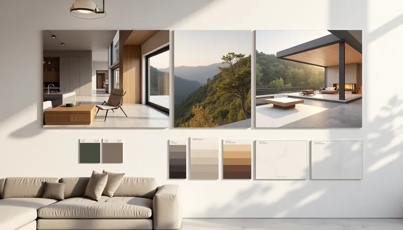 A mood board for a modern hillside house: three photographs of an oak-and-stone living room, a misty hillside and a covered terrace, above a row of paint, timber and stone swatches on a pale wall