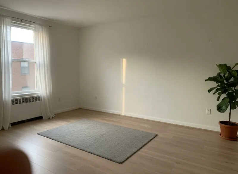 Empty living room with a window, a grey rug and a fiddle-leaf fig