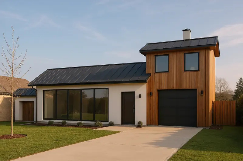 Photoreal render of the same house from the sketch: white render walls, cedar-clad tall wing, dark metal roof slabs, lawn and drive