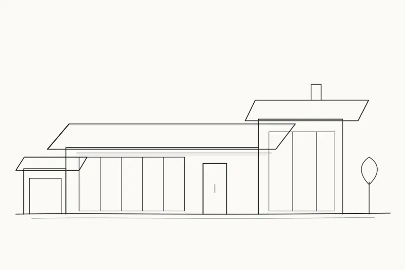 Black line sketch of a single-storey house with a small left wing, a long middle wing with a window wall and a door, and a taller right wing with a chimney