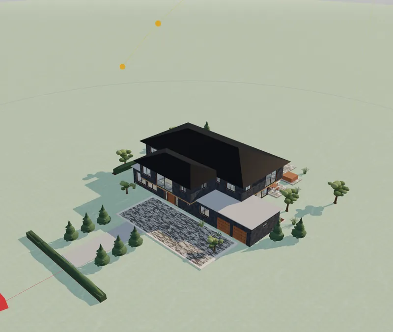 Design Studio 3D view of a two-storey house with a dark hip roof, its long winter shadows falling across the lawn, with the sun-path arc above