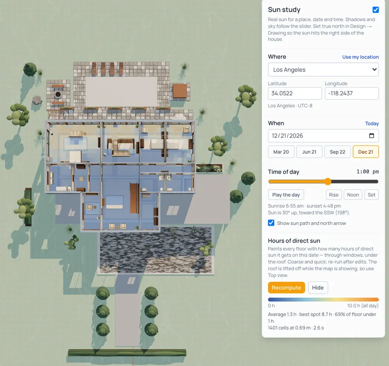 Top view of the same house with the roof lifted off: the upper floor painted from deep blue (little sun) to pale yellow (more sun) near the garden-side windows, next to the Sun study panel set to Los Angeles, December 21